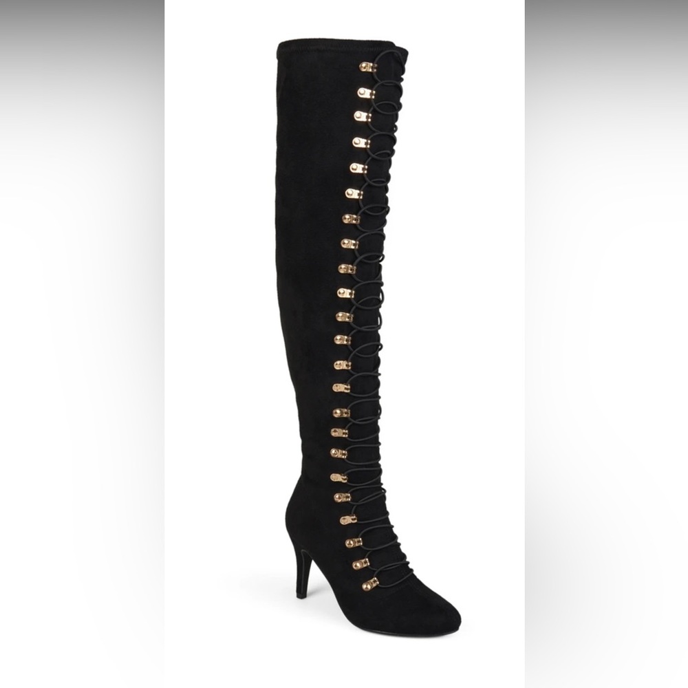NWT / Sz 7 1/2   / Journee Collection Black and Gold Over the Knee Boots